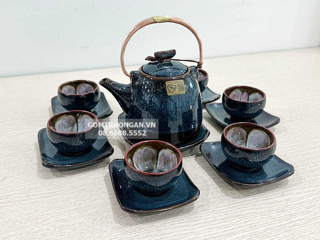 Bộ ấm chén men hỏa biến xanh lòng chén hoa dáng siêu 3